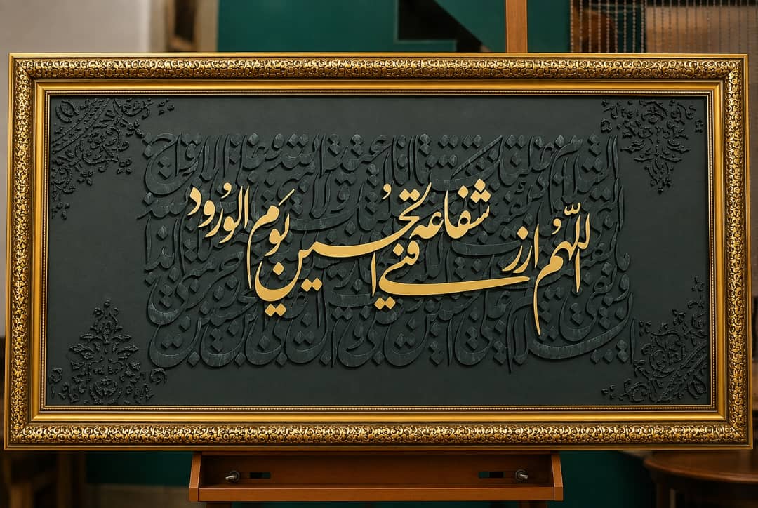 تابلو کالیگرافی اللهم ارزقنی شفاعت الحسین با خمیر تکسچر و حروف برجسته 100 در 50